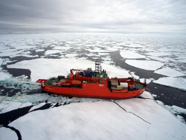 Aurora Australis in ice. Photo:Australian Antarctic Division