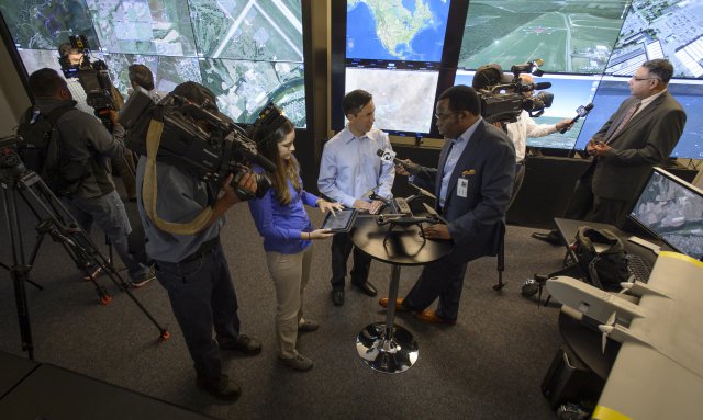 San Francisco Bay Area reporters interview NASA researchers and observe the FAA test sites fly 24 drones to test air traffic management platform at NASA’s Ames Research Center in Silicon Valley, California