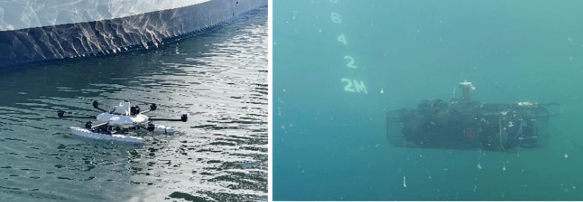 Ship Bottom Inspection Using Water-Air Integrated Drone