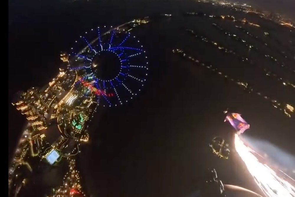 Skydiver POV Through Red Bull Can Made of 600 Drones in Dubai