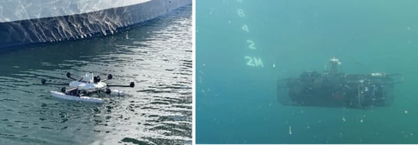 Ship Bottom Inspection Using Water-Air Integrated Drone